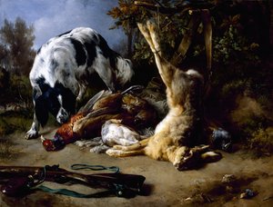 Spaniel med et stilleben af dødt vildt, 1837