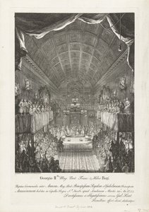 Huwelijk van Willem IV mødte prinsesse Anna, 1734 George II Mag: Brit: Franc: & Hiber. Kongens bryllupsceremoni mellem Anne (...) og William (...) Tirsdag den 14.: Ano: 1733 (...) (titel på objektet) af Jacques Rigaud