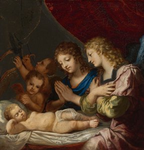 Engle tilbeder den sovende Kristus af Jacques Stella