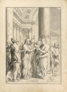 Jomfruens ægteskab, ca. 1640 (pen & sort blæk, med pensel & grå & lysebrun vask & grafit, på stykker creme lagt papir)