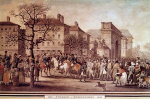 Frankrigs kampagne i 1814: "" Entrée i Paris af fanger af allierede væbnede (inklusive Rusland og Preussen), eskorteret af Nationalgarden under kommando af Marechal Moncey den 9/03/1814"" Litografi af Jacques Swebach-Desfontaines (1769- 1823) af Jacques Swebach-Desfontaines