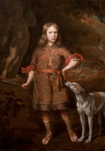 Portræt af en dreng som en jæger, der holder et ornespyd med en greyhound, midten af 1670