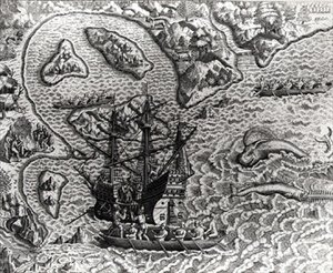 Johannes Staden ankommer til en ukendt ø for at finde ud af, at portugiserne allerede er der, fra Americae, 1593, skrevet og indgraveret af Theodor de Bry (1528-98) af Jacques d.158788 after Le Moyne
