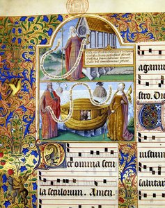 Ms 0412 Miniaturer, der forestiller en allegorisk repræsentation af Kirken, og under denne Moses holder lovens tavler med Noas ark og en kvinde med bind for øjnene, der repræsenterer de 