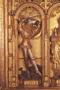 Altertavle af korsfæstelsen, detalje af St. George fra venstre panel, fra Church of Chartreuse de Champmol, ca. 1391 (forgyldt træ) af Jacques de Baerze or Baers