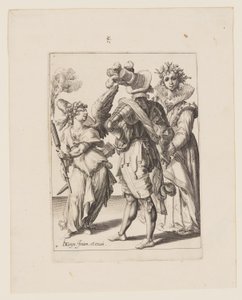 Amor med bind for øjnene holder en fakkel foran et par, fra The Masquerades af Jacques de Gheyn II
