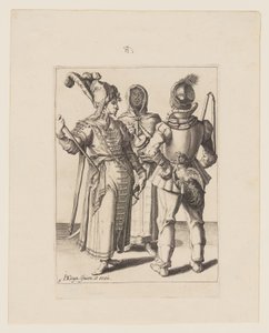En stormand i østlig klædedragt, en mand med en pik i bæltet og en tilsløret kvinde, der spiller på rumlepotte, fra Maskeraderne af Jacques de Gheyn II