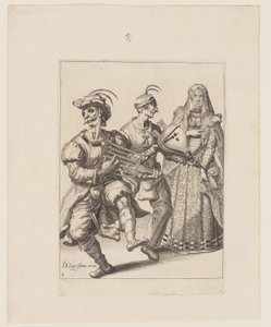 En tilsløret kvinde med to musikere, der spiller på et gitterjern og en blæsebælg, fra Maskeraderne af Jacques de Gheyn II
