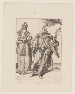 En kvinde anført af en spiller, der holder en fakkel, fra Maskeraderne af Jacques de Gheyn II