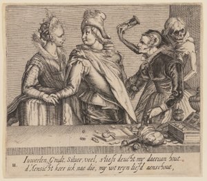 En ung mand mellem en ung kvinde og en gammel kvinde, fra Unequal Lovers af Jacques de Gheyn II