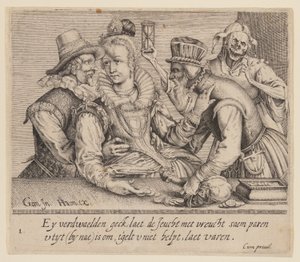 En ung kvinde mellem en ung mand og en gammel mand, fra Unequal Lovers af Jacques de Gheyn II