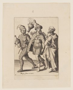 En gammel mumie henvender sig til et par klædt i blade og fuglefjer, fra Maskeraderne af Jacques de Gheyn II