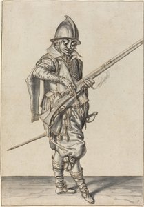 Elegant klædt soldat, der forbereder sig på at affyre sit kalver af Jacques de Gheyn II