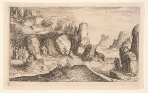 Landskab med grotte og eremitter, fra Landskaber af Jacques de Gheyn II