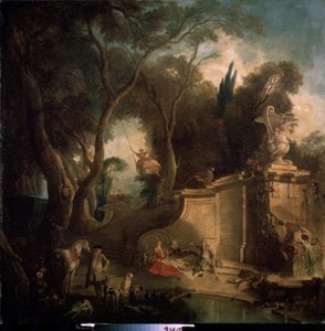 ""Hvil efter Jagten" (Hvil efter Jagten) Fornøjelser af adelen efter jagtfesten, en kvinde på en gynge, en picnicscene (picnic) land. Maleri af Jacques de Lajoue (1686-1761) 1730 Pushkin Museum, Moskva