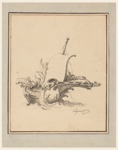 Tegning, design til et våbenskjold i form af en båd med sejl, til Recueil Nouveau de Differens Cartouches, 1734 af Jacques de Lajoüe