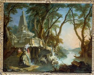 Landskab komponerer eller "" floden"" Pyramideformet springvand med statue af Neptun knust. Maleri af Jacques de Lajoue (1686-1761) 1700-tallet søn. 0,81 x 1,01 m