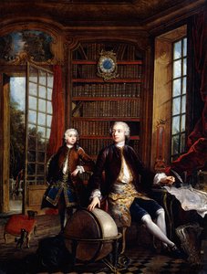 Portræt af kunstnerens søn med sin lærer, der siges at være kunstneren Jean Baptiste de Courtonne den yngre, i et bibliotek, af Jacques de Lajoüe