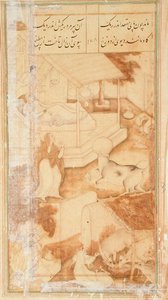 En kvinde med sin syge datter bliver forstyrret af en ko med en vandpotte fast på hovedet, fra Hadiqat Ul-Haqiqat (Sandhedens Have) af Hakim Sanai, fjerde miniature, folio 178, Mughal af Jaganath Jaganath