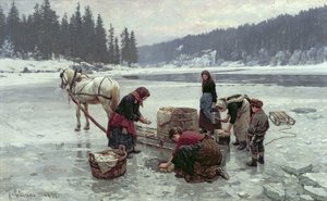 Kvinder vasker tøj gennem et hul i isen