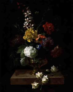 Stilleben af blomster i en urne (olie på panel) af Jakob Bogdani or Bogdany