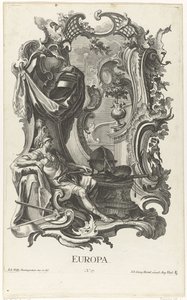 Rocaille med personificeringen af ​​det europæiske kontinent Europa (titel på objekt) De fire kontinenter (serietitel) af Jakob Gottlieb Thelott