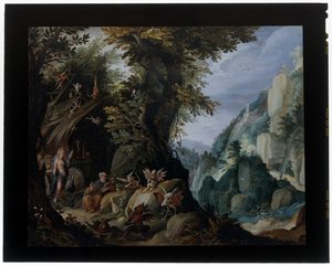 Sankt Anthonys fristelse i et landskab af Jakob Isaaksz Swanenburgh