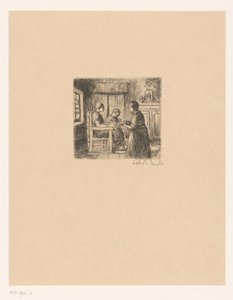 Interiør med tre personer The Sick (titel på objekt) af Jakob Smits (signed by artist)
