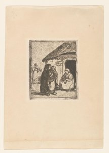 To kvinder og barn foran et hus Lille tigger (original titel) af Jakob Smits