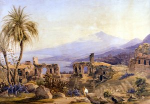 Taormina på Sicilien: ruinerne og Etna. Maleri af Jacob Suter, omkring 1850. af Jakob Suter