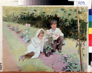 ""Au rosier"" To børn i en rosenhave. Maleri af Jakov Kalinichenko (1869-1938) 1908 State Regional I. Pozhalostin Art Museum, Ryasan
