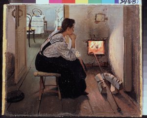""Tanker ved komfuret"" (Tanker ved komfuret) En ung kvinde sidder eftertænksomt foran bålet. Maleri af Jakov Kalinichenko (1869-1938) 1897 State Regional I. Pozhalostin Art Museum, Ryasan