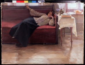 ""Drømme"" eftertænksom ung pige liggende på en sofa. Maleri af Jakov Kalinichenko (1869-1938) 1904 State Regional I. Pozhalostin Art Museum, Ryasan