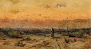 Kvinde på kysten ved solopgang. af Jakub Schikaneder
