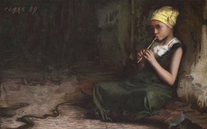 Pige charmerer en slange (chromolitho)