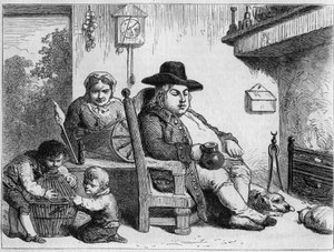 John Bull glad: John Bull (karakter af typisk engelsk, symbol på England) hjemme med sin kone og børn. Gilbert gravering efter Gillray. I "" Le Magasin maleriske""