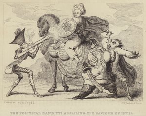 The Political Banditti Assailing the Savior of India: Warren Hastings, tidligere guvernør i Bengal, under angreb fra politikerne Edmund Burke, Charles James Fox og Lord North