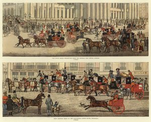 Scener på vejen i de gamle trænerdage (farve litho)