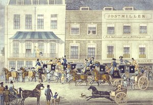 West Country Mail på Gloucester Coffee House, Piccadilly, indgraveret af C. Rosenberg (farvet litho)