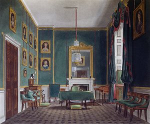Grønt tilbagetrækningsrum, Indgravering af Daniel Havell (1785-1826), Baseret på design af James Stephanoff (ca. 1788-1874), Fra The History of the Royal Residences