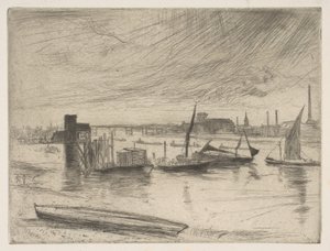 Tidlig morgen, Battersea Battersea Dawn Cadogan Pier, 1861. af James Abbott McNeill Whistler