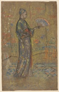 Japansk kvinde maler en vifte recto, stående kvinde holder sin kjole op, ca. 1872. af James Abbott McNeill Whistler