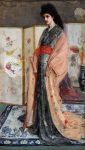 ""Prinsessen af ​​porcelænslandet"" (Rose and Silver: The Princess from the Land of Porcelain) Ung kvinde klædt i japansk stil i en kimono, bag hende en japansk skærm (japonisme) Maleri af James Abbott McNeill Whistler ( 1834- 1903) 1864 Friere af James Abbott McNeill Whistler