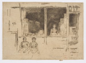 Melon Shop, Hounsditch, ca. 1886-88 (radering; blæk på papir) af James Abbott McNeill Whistler