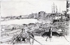 Udsigt over Themsen, over London Basin (England), i 1859, hører til en serie af graveringer om Themsen, som fremhæver samfundet af maritime arbejdere i den engelske hovedstad. af James Abbott McNeill Whistler