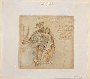 General Avitabile sad ved et bord og læste med en kvinde på knæet, muligvis hans favorit, Begum Peri af James Atkinson