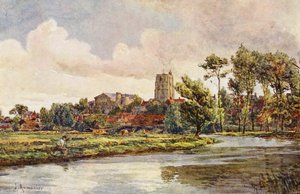 Waveney ved Beccles med kirken St Michael (farvelitografi)