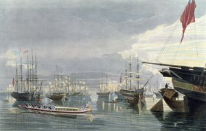 En udsigt over floden, skibsfarten og byen Calcutta, fra nær Smiths Dock, 1837, indgraveret af Robert Havell den yngre (1793-1878) (akvatinte)