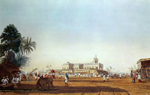 Lall Bazaar og det portugisiske kapel, Calcutta, indgraveret af Robert Havell, pub. 1824