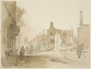 Ruinerne af Mansion House og Custom House på Queen Square efter optøjerne (blyant og akvarel på papir) af James Baker Pyne